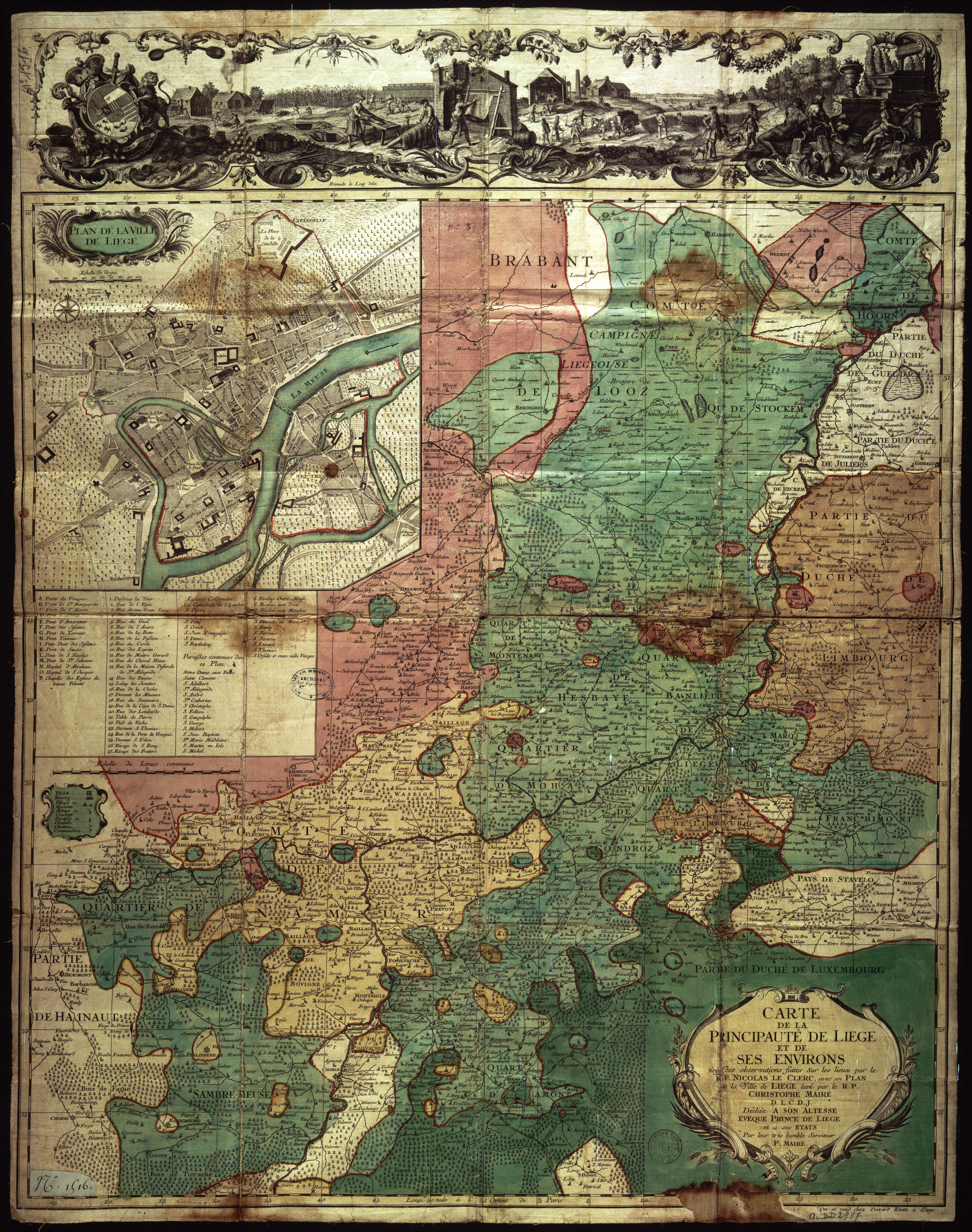 Carte de la principauté de Liège et de ses environs tirée des observations  faites sur les lieux par le R.P. Nicolas Le Clerc, avec un plan de la ville  de Liège levé